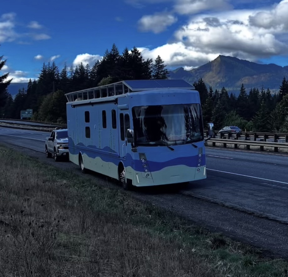 The DeYoung family RV on a mountain road