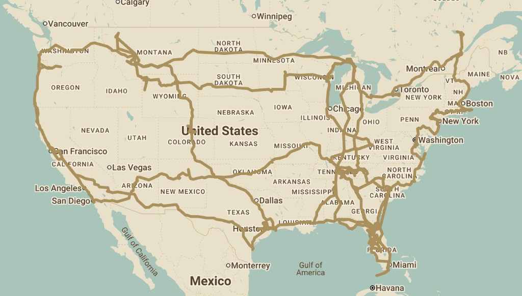 Map of the United States showing our travel route